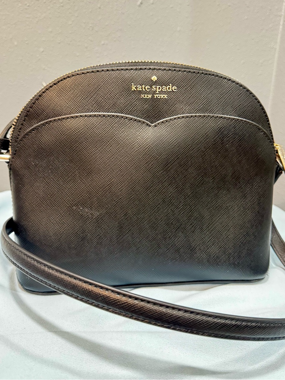 kate spade Black Saffiano Leather Dome Crossbody with Gold Logo
